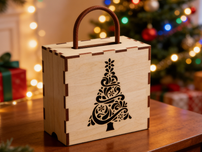 Wooden Christmas gift box made with laser cutting