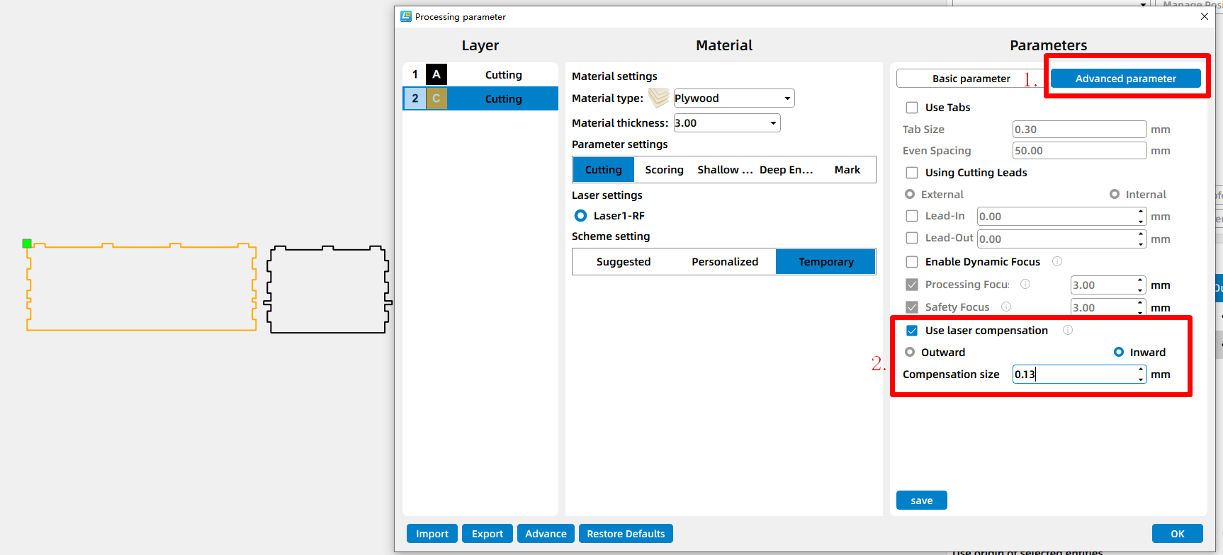 set laser offset direction and value in LaserMaker